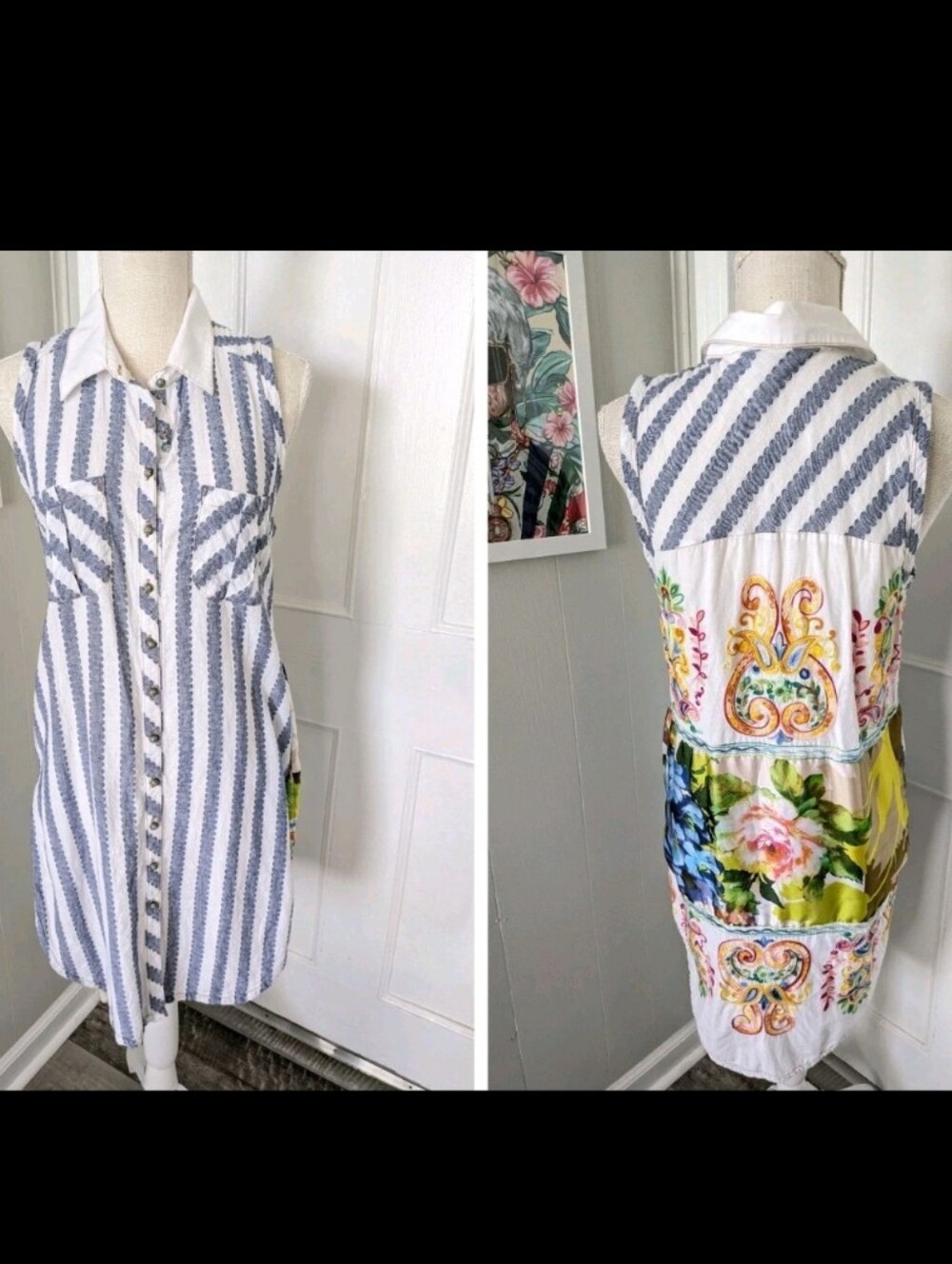 Boho Linen Cotton Tunic Dress Art to Wear Coastal Resort Floral Side Slit